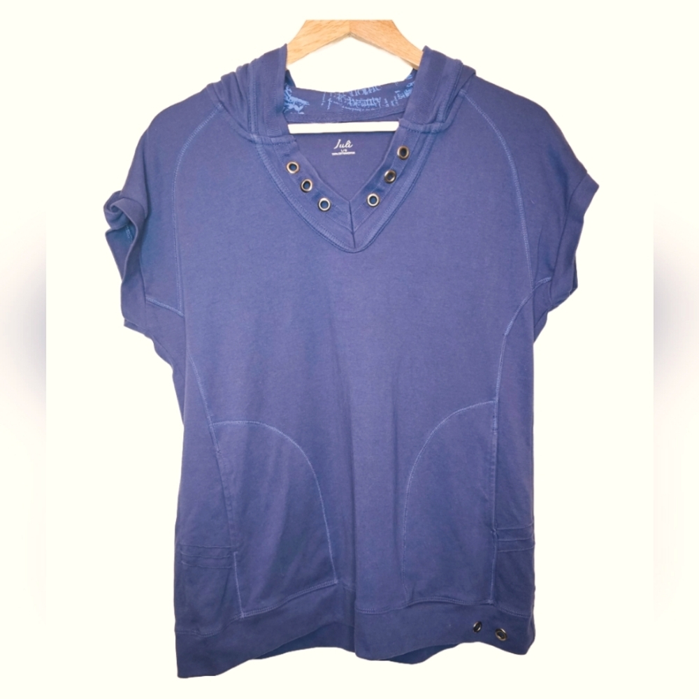[Juli] Blue Cotton V Neck Short Sleeve Hoodie Women's Large